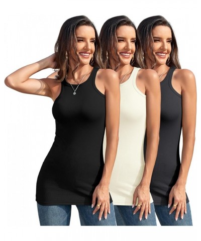 3Packs Cotton Ribbed High Neck Long Tank Top for Women Racerback Yoga Top Layering Undershirts Camisole Dark Gray Black Cream...