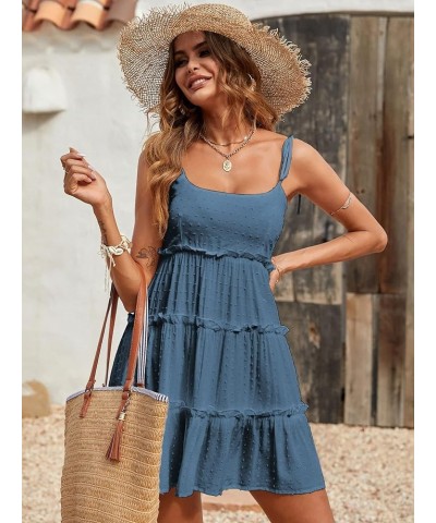 Swiss Dot Dress for Women Tied Spaghetti Strap Flowy Layered Beach Mini Dress Blue $14.99 Dresses