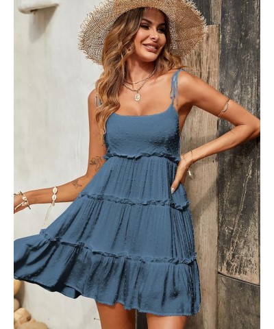 Swiss Dot Dress for Women Tied Spaghetti Strap Flowy Layered Beach Mini Dress Blue $14.99 Dresses