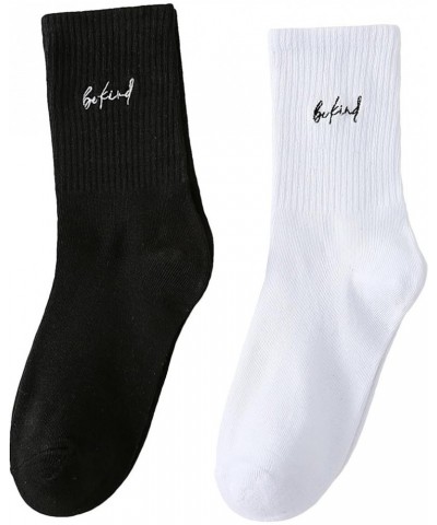 Women's 2 Pairs Striped Trim Casual Crew Socks Simple Mid Calf Socks Black White Slogan $12.75 Socks