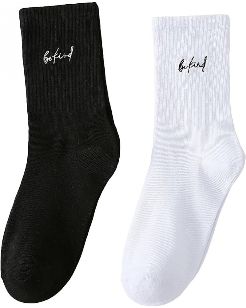 Women's 2 Pairs Striped Trim Casual Crew Socks Simple Mid Calf Socks Black White Slogan $12.75 Socks