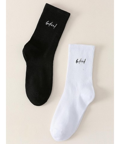 Women's 2 Pairs Striped Trim Casual Crew Socks Simple Mid Calf Socks Black White Slogan $12.75 Socks