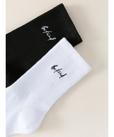 Women's 2 Pairs Striped Trim Casual Crew Socks Simple Mid Calf Socks Black White Slogan $12.75 Socks