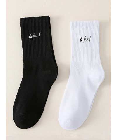 Women's 2 Pairs Striped Trim Casual Crew Socks Simple Mid Calf Socks Black White Slogan $12.75 Socks