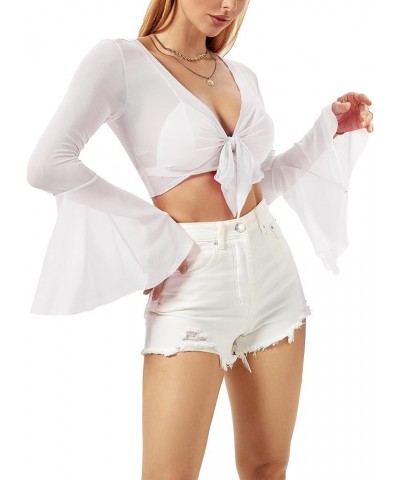 Rave Bell Mesh Crop Top for Women - 70s Long Sleeve Tie Front Sheer Shirt Ruffle Fairycore Blouse Festival Outfits White $10....