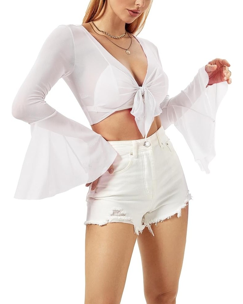 Rave Bell Mesh Crop Top for Women - 70s Long Sleeve Tie Front Sheer Shirt Ruffle Fairycore Blouse Festival Outfits White $10....