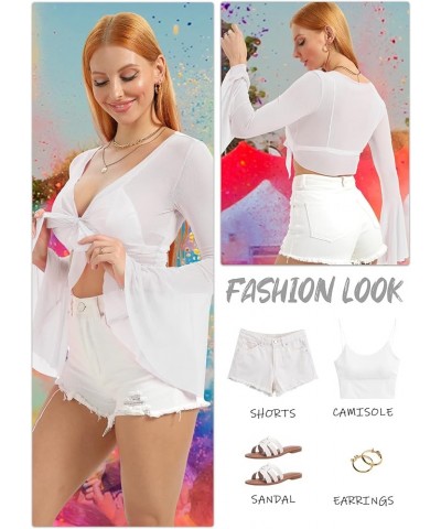 Rave Bell Mesh Crop Top for Women - 70s Long Sleeve Tie Front Sheer Shirt Ruffle Fairycore Blouse Festival Outfits White $10....