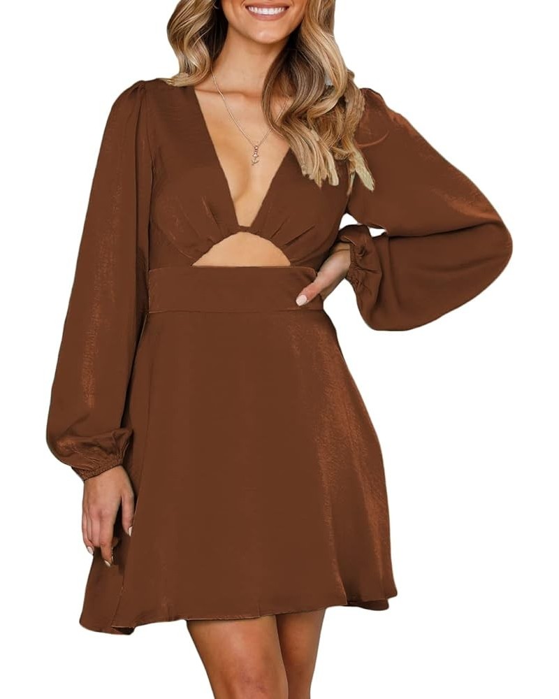 Women's Satin Long Sleeve Cut Out Mini Dress Silk Lantern Sleeve V Neck A-line Sexy Cocktail Short Dress for 2023… Bronze $27...