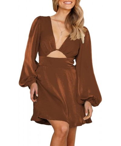 Women's Satin Long Sleeve Cut Out Mini Dress Silk Lantern Sleeve V Neck A-line Sexy Cocktail Short Dress for 2023… Bronze $27...