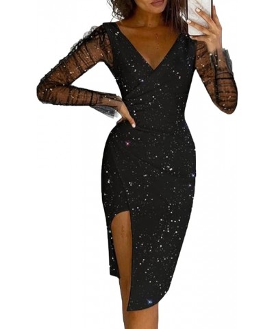 Women's Sheer Mesh Glitter V Neck Flounce Long Sleeve Wrap Split Cocktail Midi Dress Black $20.09 Dresses