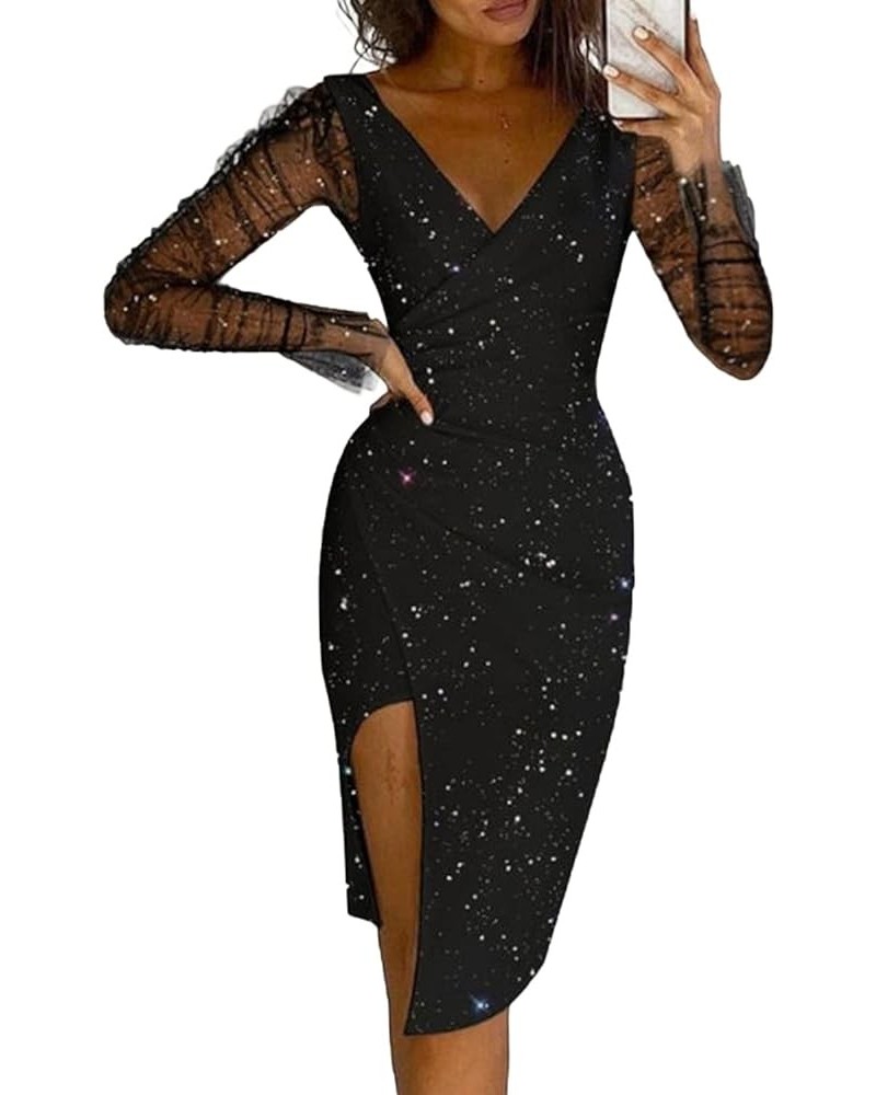 Women's Sheer Mesh Glitter V Neck Flounce Long Sleeve Wrap Split Cocktail Midi Dress Black $20.09 Dresses