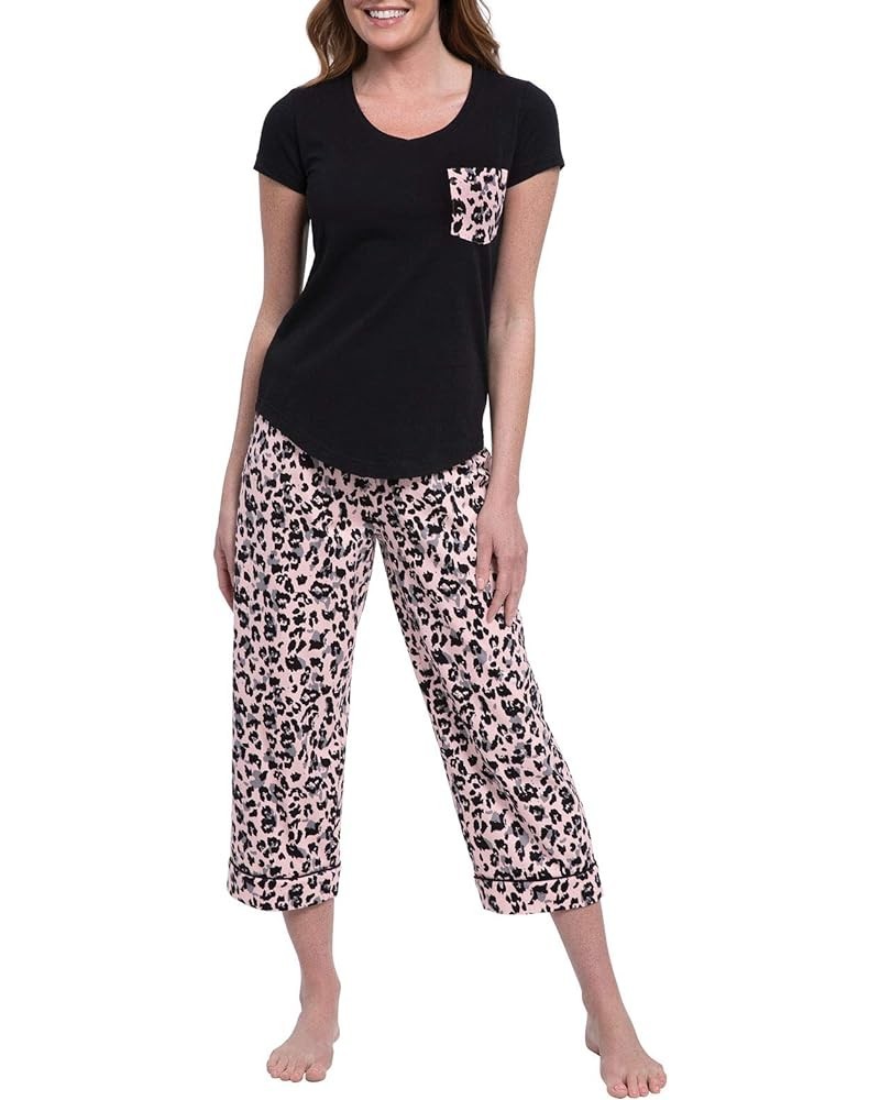 Womens PJs Sets - Ladies Pajamas Capris 100% Cotton Short Sleeve Black $25.47 Sleep & Lounge