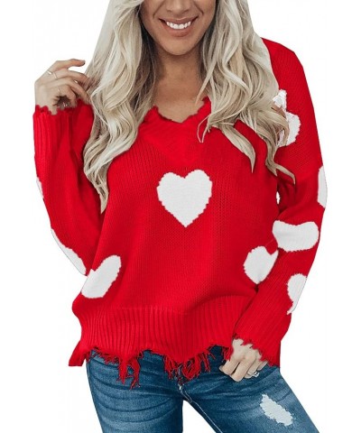 Women's Heart Pattern Ripped Sweater V Neck Distressed Knit Pullover Jumper Top As Picture $12.49 Sweaters