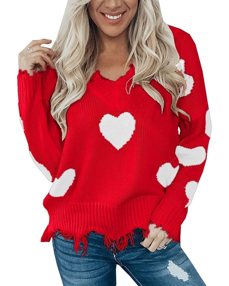 Women's Heart Pattern Ripped Sweater V Neck Distressed Knit Pullover Jumper Top As Picture $12.49 Sweaters