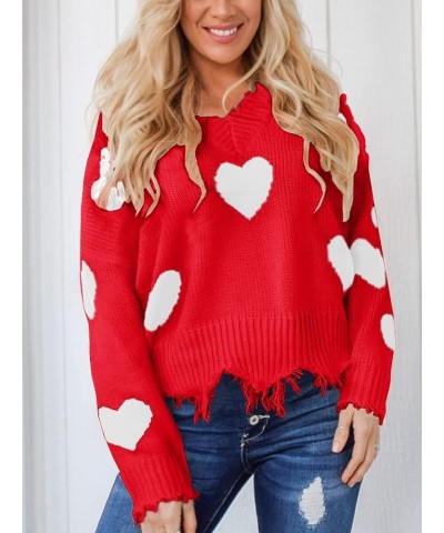 Women's Heart Pattern Ripped Sweater V Neck Distressed Knit Pullover Jumper Top As Picture $12.49 Sweaters