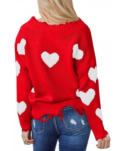 Women's Heart Pattern Ripped Sweater V Neck Distressed Knit Pullover Jumper Top As Picture $12.49 Sweaters