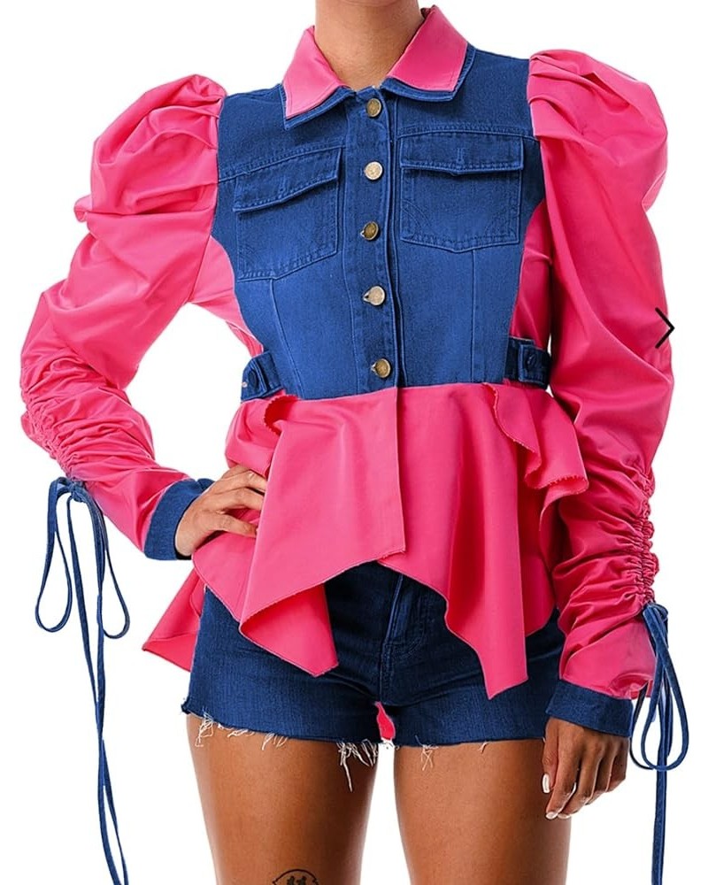 Women Casual Ruched Sleeve Babydoll Top Denim Color Block Irregular Ruffles Button Down Shirt Red $18.89 Blouses