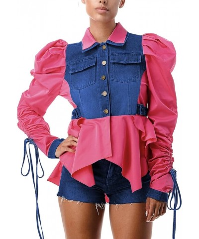 Women Casual Ruched Sleeve Babydoll Top Denim Color Block Irregular Ruffles Button Down Shirt Red $18.89 Blouses