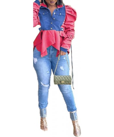 Women Casual Ruched Sleeve Babydoll Top Denim Color Block Irregular Ruffles Button Down Shirt Red $18.89 Blouses