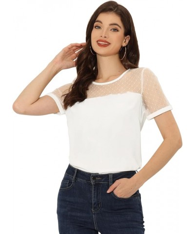 Women's Mesh Panel Top Round Neck Chiffon Sheer Sleeve Blouse White $14.99 Blouses