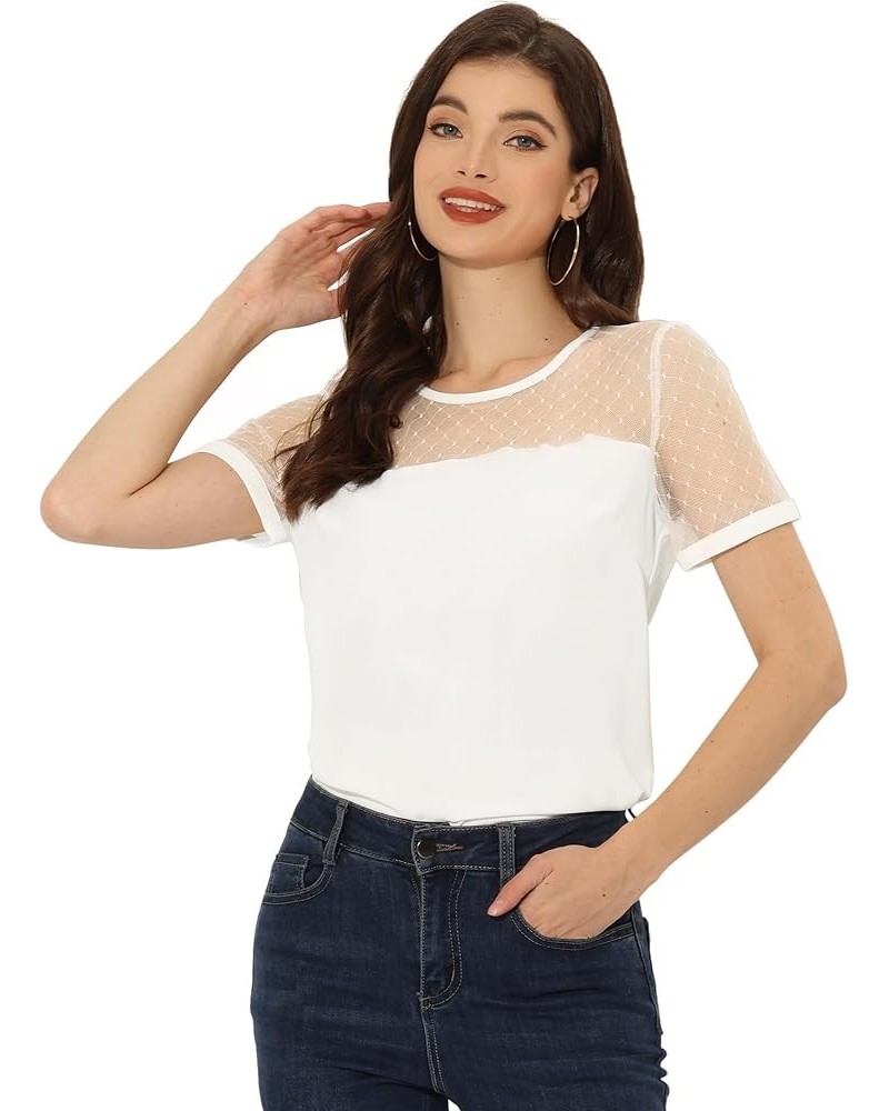 Women's Mesh Panel Top Round Neck Chiffon Sheer Sleeve Blouse White $14.99 Blouses