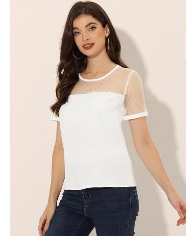 Women's Mesh Panel Top Round Neck Chiffon Sheer Sleeve Blouse White $14.99 Blouses