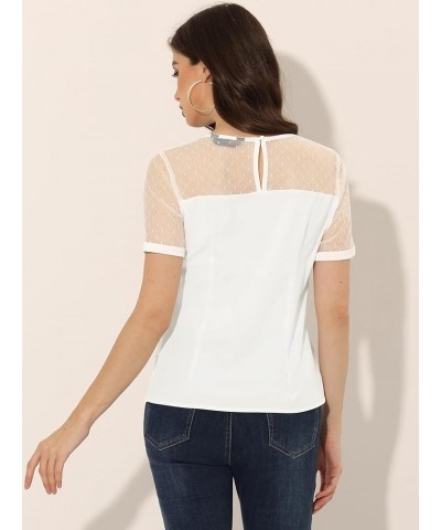 Women's Mesh Panel Top Round Neck Chiffon Sheer Sleeve Blouse White $14.99 Blouses