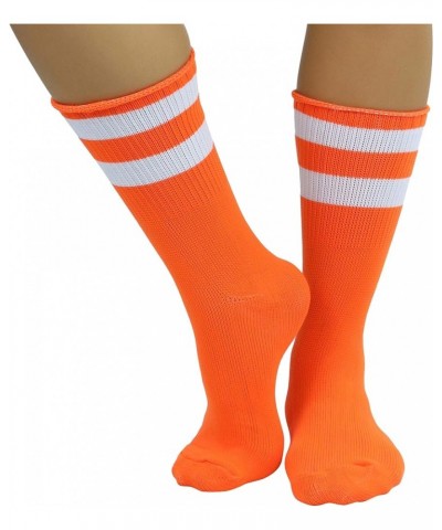 Women's Acrylic Ankle Hi With Double Stripe Top Crew Fun Athletic Socks Neon Orange/Whi $9.48 Activewear