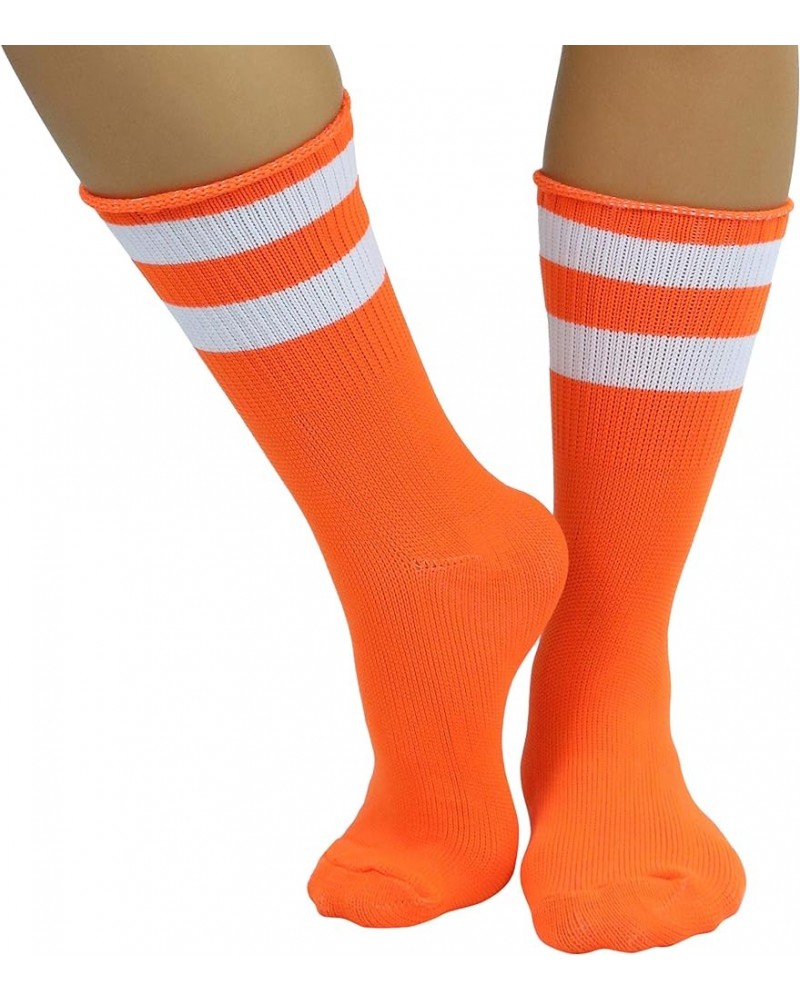 Women's Acrylic Ankle Hi With Double Stripe Top Crew Fun Athletic Socks Neon Orange/Whi $9.48 Activewear