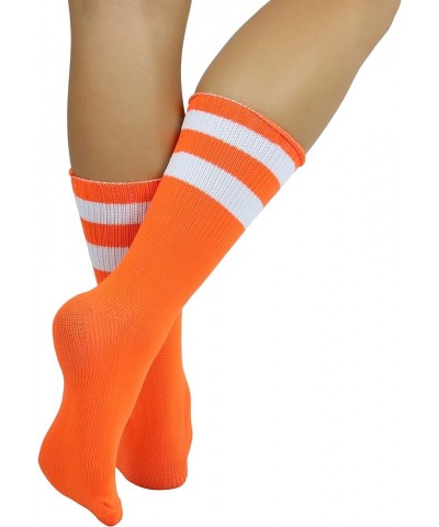 Women's Acrylic Ankle Hi With Double Stripe Top Crew Fun Athletic Socks Neon Orange/Whi $9.48 Activewear