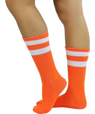 Women's Acrylic Ankle Hi With Double Stripe Top Crew Fun Athletic Socks Neon Orange/Whi $9.48 Activewear