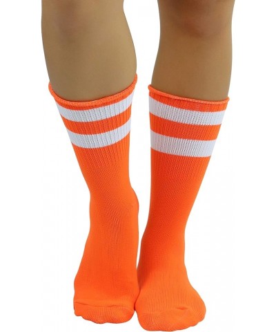 Women's Acrylic Ankle Hi With Double Stripe Top Crew Fun Athletic Socks Neon Orange/Whi $9.48 Activewear