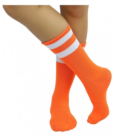 Women's Acrylic Ankle Hi With Double Stripe Top Crew Fun Athletic Socks Neon Orange/Whi $9.48 Activewear