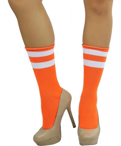 Women's Acrylic Ankle Hi With Double Stripe Top Crew Fun Athletic Socks Neon Orange/Whi $9.48 Activewear