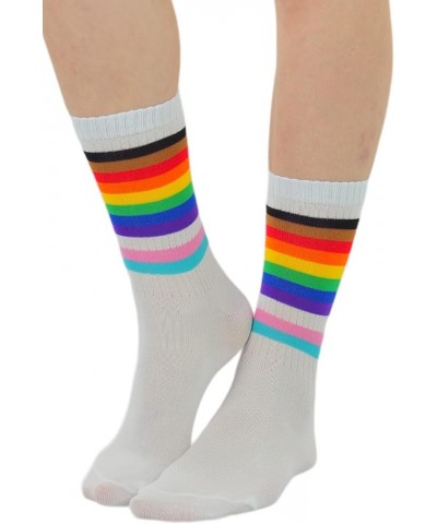 Women's Acrylic Ankle Hi With Double Stripe Top Crew Fun Athletic Socks Rainbow $9.48 Activewear