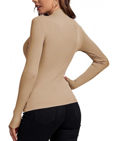 Women's Ruched Front Mock Neck Long Sleeve Knit Slim Workwear Tee Blouse Top Khaki $18.87 T-Shirts