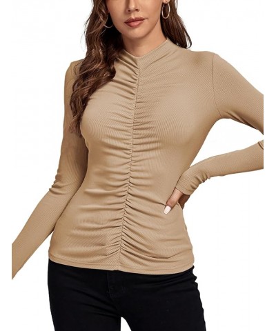 Women's Ruched Front Mock Neck Long Sleeve Knit Slim Workwear Tee Blouse Top Khaki $18.87 T-Shirts