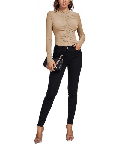 Women's Ruched Front Mock Neck Long Sleeve Knit Slim Workwear Tee Blouse Top Khaki $18.87 T-Shirts