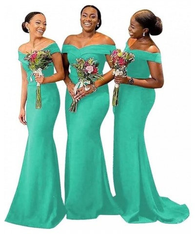 Off Shoulder Mermaid Bridesmaid Dresses for Wedding Satin Formal Evening Gowns Bodycon Prom Dress with Train Turquoise $41.13...