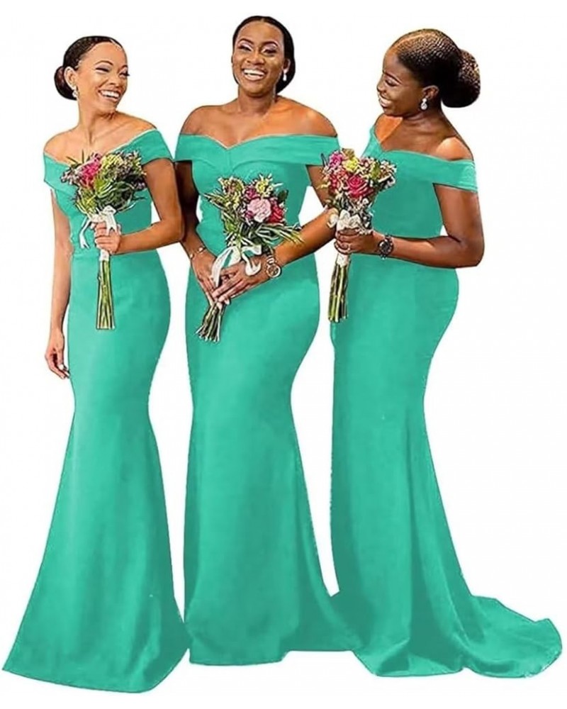 Off Shoulder Mermaid Bridesmaid Dresses for Wedding Satin Formal Evening Gowns Bodycon Prom Dress with Train Turquoise $41.13...