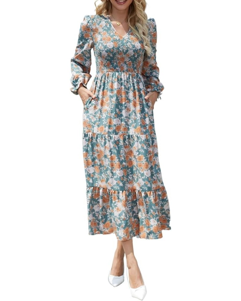 Women's Casual Long Sleeve V Neck Ruffle Maxi Dress Waist Flowy A Line Wedding Guest Dresses 2024 with Pockets Greenbrownflor...