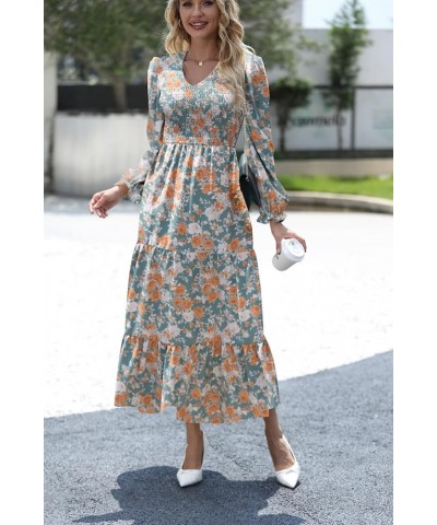 Women's Casual Long Sleeve V Neck Ruffle Maxi Dress Waist Flowy A Line Wedding Guest Dresses 2024 with Pockets Greenbrownflor...