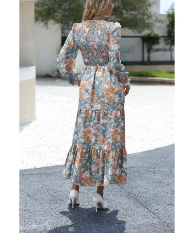 Women's Casual Long Sleeve V Neck Ruffle Maxi Dress Waist Flowy A Line Wedding Guest Dresses 2024 with Pockets Greenbrownflor...