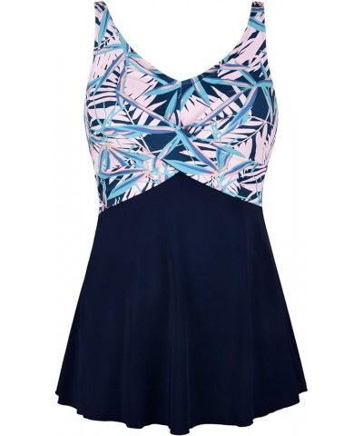 Women One Piece Swim Dress with Skirt Plus Size Swimsuit Tummy Control Swimwear Navy Blue & Pink Leaves $24.74 Swimsuits