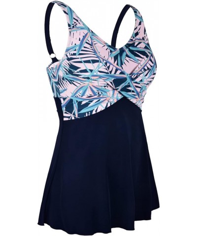 Women One Piece Swim Dress with Skirt Plus Size Swimsuit Tummy Control Swimwear Navy Blue & Pink Leaves $24.74 Swimsuits