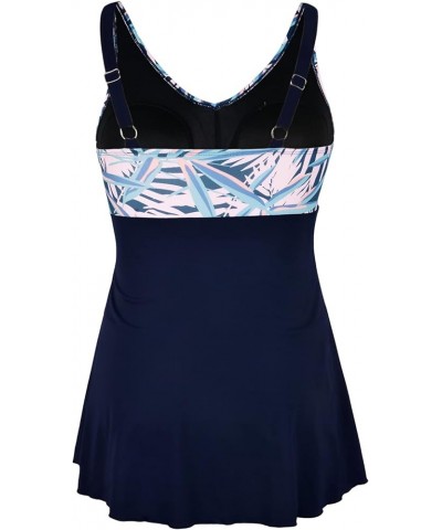 Women One Piece Swim Dress with Skirt Plus Size Swimsuit Tummy Control Swimwear Navy Blue & Pink Leaves $24.74 Swimsuits