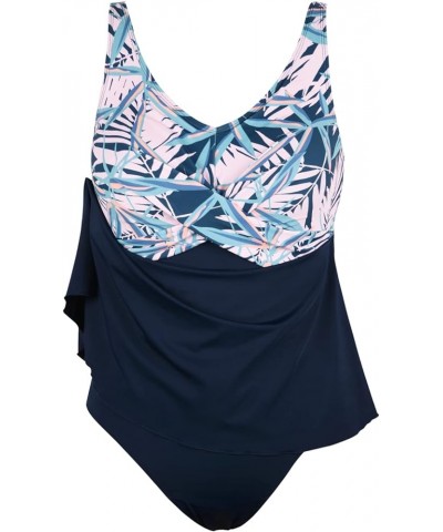 Women One Piece Swim Dress with Skirt Plus Size Swimsuit Tummy Control Swimwear Navy Blue & Pink Leaves $24.74 Swimsuits