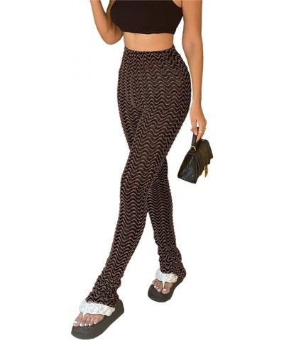 Stacked Pants for Women - High Waisted Knitted Splice Striped Sweatpants Club Streetwear Coffee $20.64 Leggings