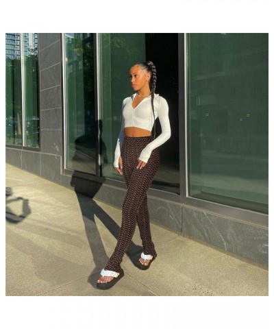 Stacked Pants for Women - High Waisted Knitted Splice Striped Sweatpants Club Streetwear Coffee $20.64 Leggings