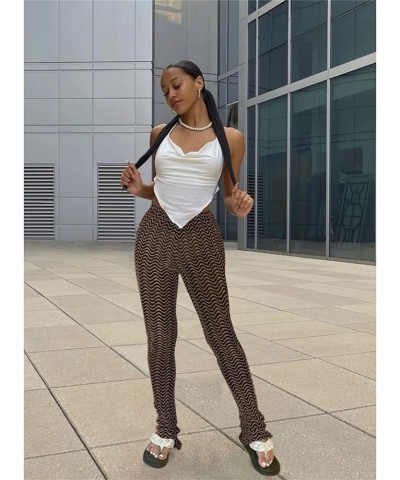 Stacked Pants for Women - High Waisted Knitted Splice Striped Sweatpants Club Streetwear Coffee $20.64 Leggings